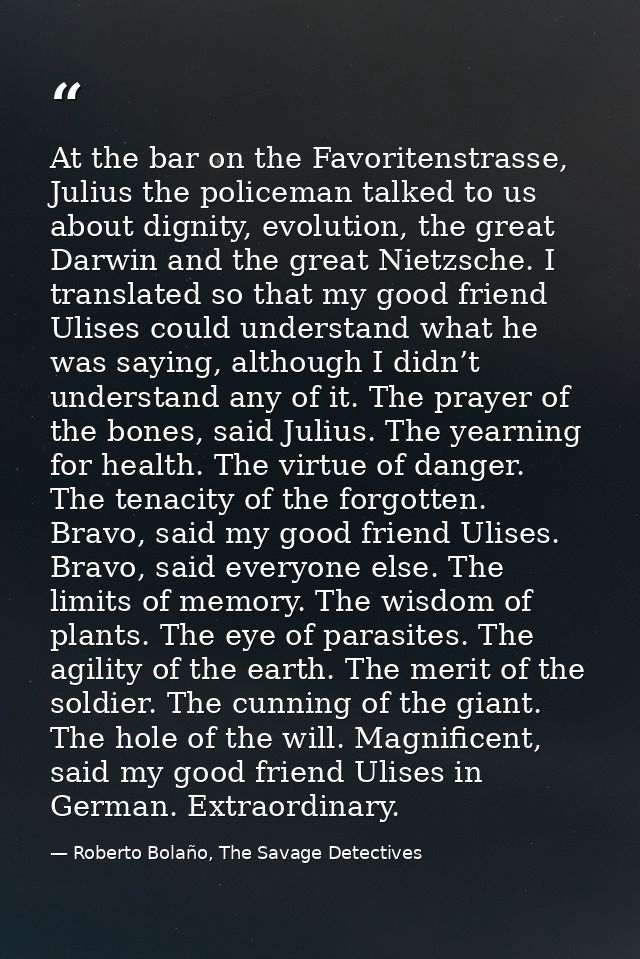 At the bar on the Favoritenstrasse, Julius the policeman talked to us about dignity, evolution, the great Darwin and the — Roberto Bolaño, The Savage Detectives