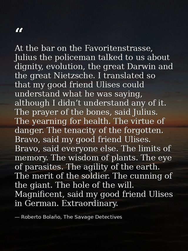 At the bar on the Favoritenstrasse, Julius the policeman talked to us about dignity, evolution, the great Darwin and the — Roberto Bolaño, The Savage Detectives
