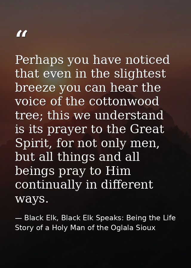 Perhaps you have noticed that even in the slightest breeze you can hear the voice of the cottonwood tree; this we unders — Black Elk, Black Elk Speaks: Being the Life Story of a Holy Man of the Oglala Sioux