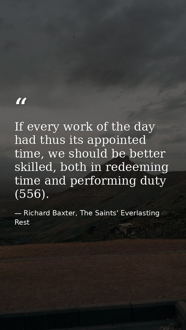 If every work of the day had thus its appointed time, we should be better skilled, both in redeeming time and performing — Richard Baxter, The Saints' Everlasting Rest