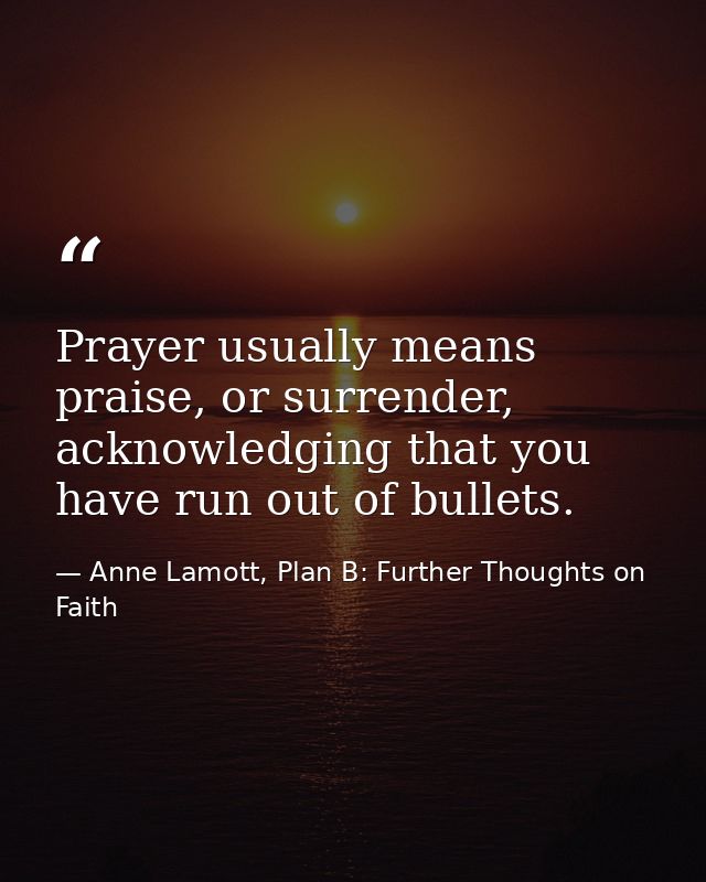 Prayer usually means praise, or surrender, acknowledging that you have run out of bullets. — Anne Lamott, Plan B: Further Thoughts on Faith
