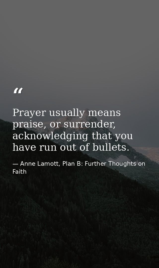 Prayer usually means praise, or surrender, acknowledging that you have run out of bullets. — Anne Lamott, Plan B: Further Thoughts on Faith