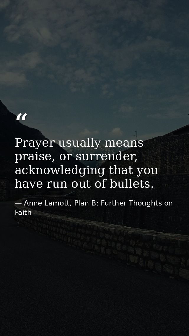 Prayer usually means praise, or surrender, acknowledging that you have run out of bullets. — Anne Lamott, Plan B: Further Thoughts on Faith