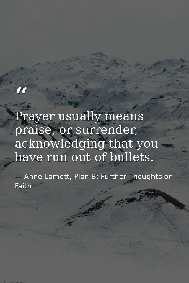 Prayer usually means praise, or surrender, acknowledging that you have run out of bullets. — Anne Lamott, Plan B: Further Thoughts on Faith
