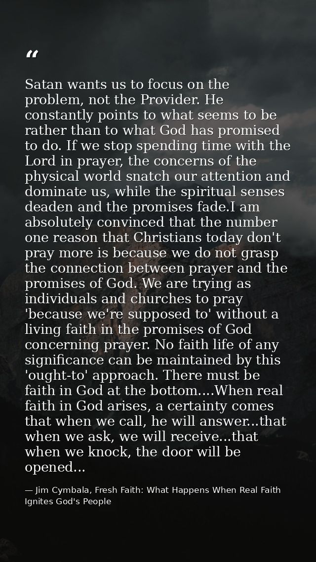 Satan wants us to focus on the problem, not the Provider. He constantly points to what seems to be rather than to what G — Jim Cymbala, Fresh Faith: What Happens When Real Faith Ignites God's People