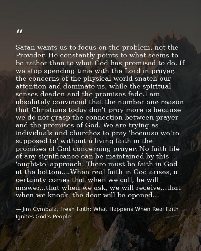 Satan wants us to focus on the problem, not the Provider. He constantly points to what seems to be rather than to what G — Jim Cymbala, Fresh Faith: What Happens When Real Faith Ignites God's People