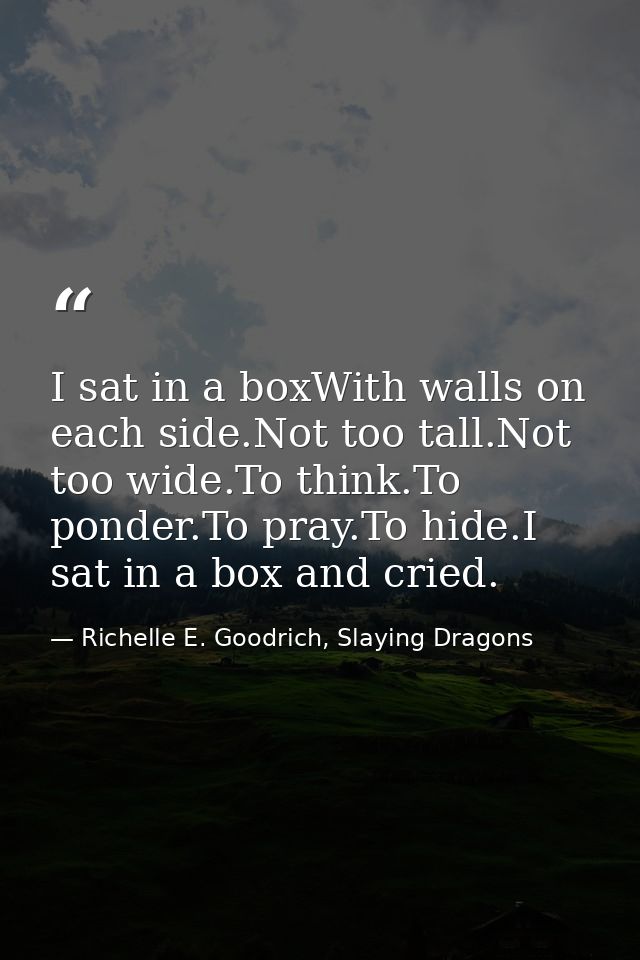 I sat in a boxWith walls on each side.Not too tall.Not too wide.To think.To ponder.To pray.To hide.I sat in a box and cr — Richelle E. Goodrich, Slaying Dragons