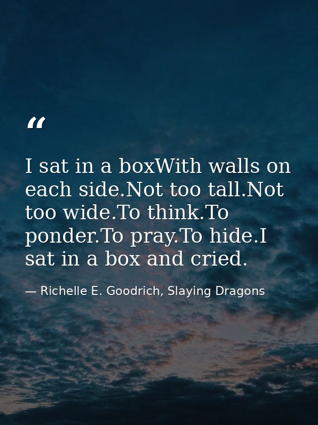 I sat in a boxWith walls on each side.Not too tall.Not too wide.To think.To ponder.To pray.To hide.I sat in a box and cr — Richelle E. Goodrich, Slaying Dragons