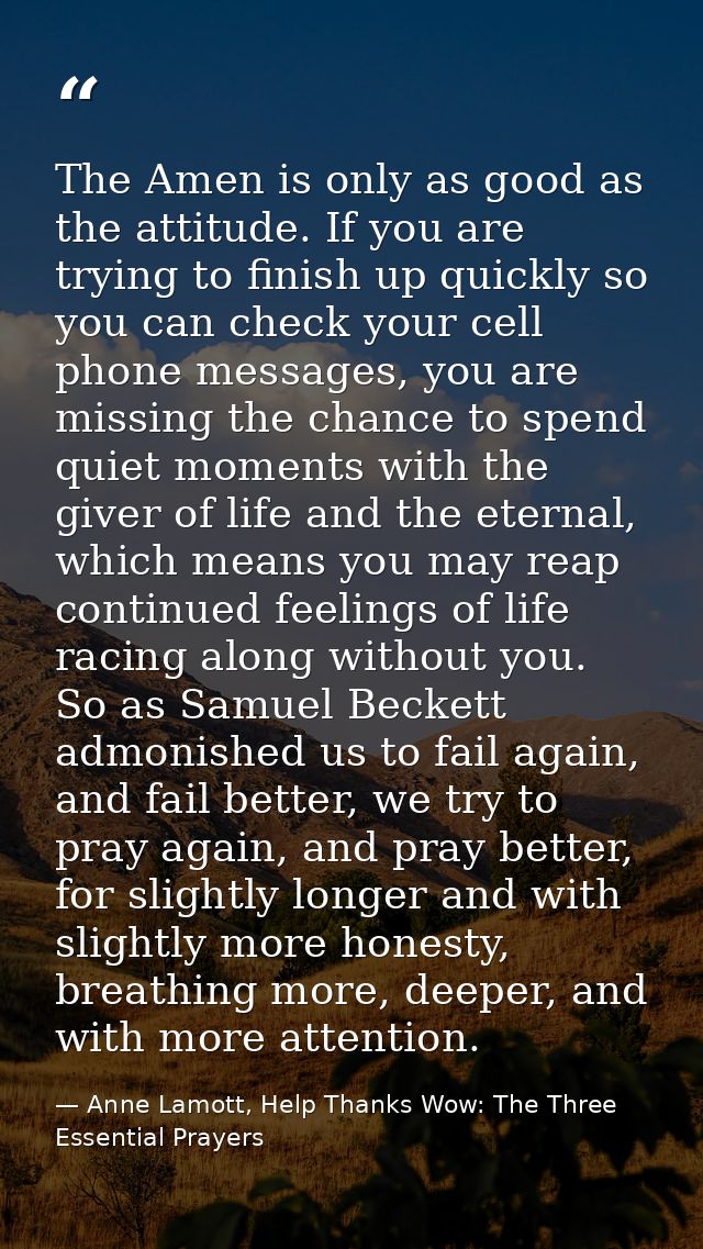The Amen is only as good as the attitude. If you are trying to finish up quickly so you can check your cell phone messag — Anne Lamott, Help Thanks Wow: The Three Essential Prayers