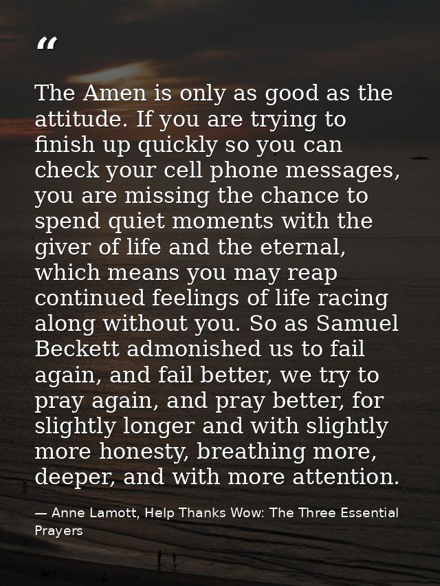 The Amen is only as good as the attitude. If you are trying to finish up quickly so you can check your cell phone messag — Anne Lamott, Help Thanks Wow: The Three Essential Prayers