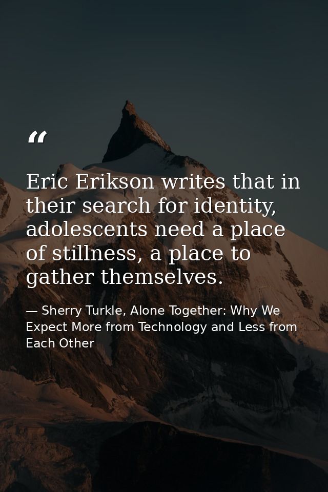 Eric Erikson writes that in their search for identity, adolescents need a place of stillness, a place to gather themselv — Sherry Turkle, Alone Together: Why We Expect More from Technology and Less from Each Other