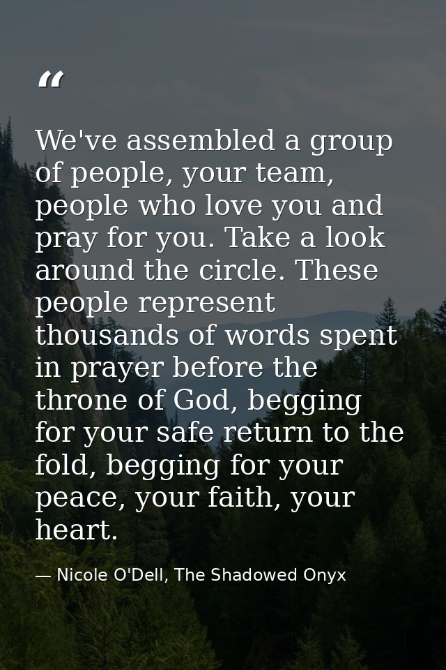 We've assembled a group of people, your team, people who love you and pray for you. Take a look around the circle. These — Nicole O'Dell, The Shadowed Onyx