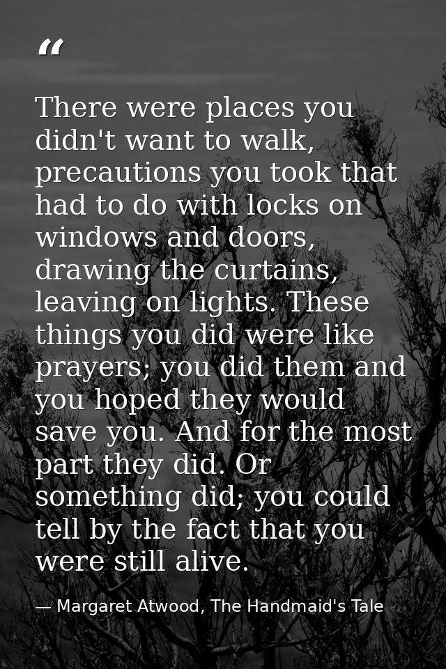 There were places you didn't want to walk, precautions you took that had to do with locks on windows and doors, drawing  — Margaret Atwood, The Handmaid's Tale