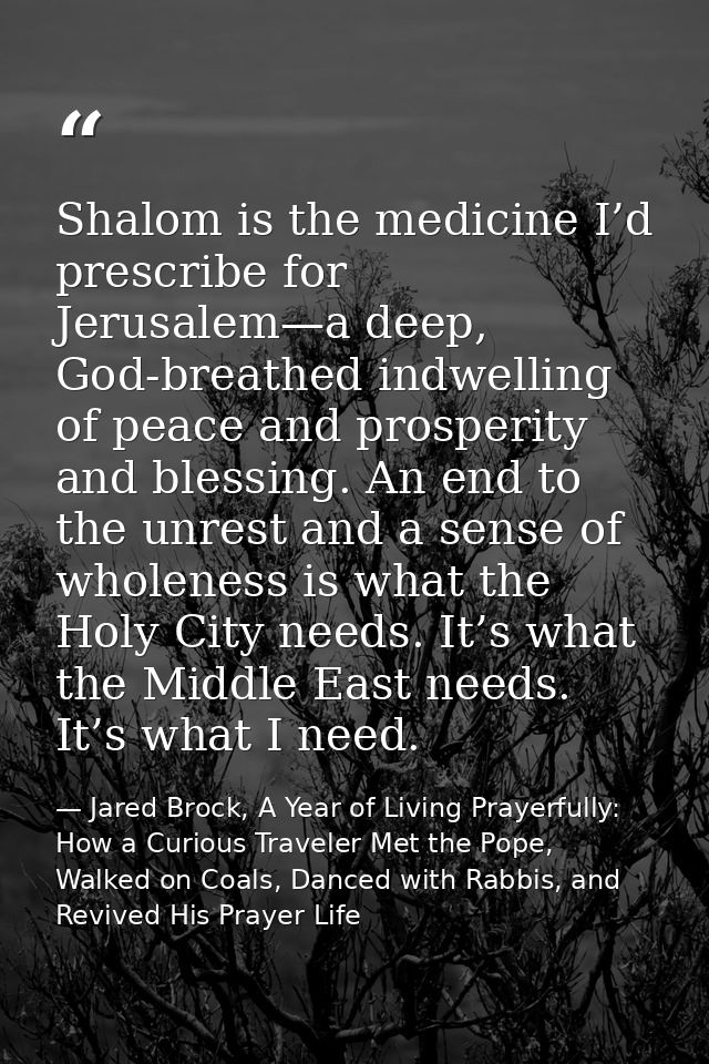 Shalom is the medicine I’d prescribe for Jerusalem—a deep, God-breathed indwelling of peace and prosperity and blessing. — Jared Brock, A Year of Living Prayerfully: How a Curious Traveler Met the Pope, Walked on Coals, Danced with Rabbis, and Revived His Prayer Life