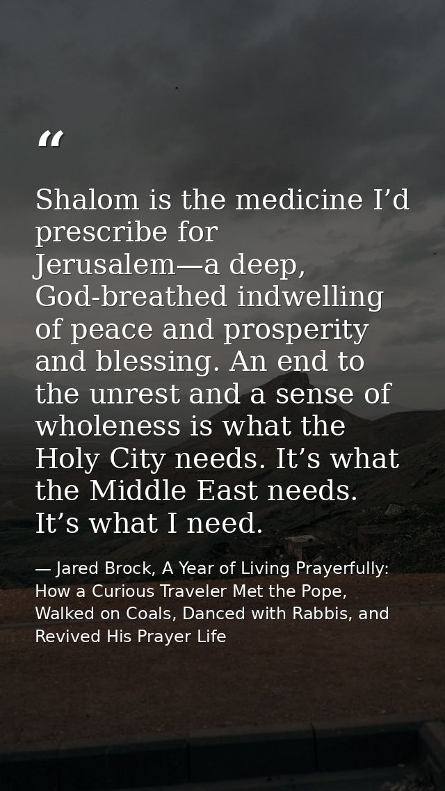 Shalom is the medicine I’d prescribe for Jerusalem—a deep, God-breathed indwelling of peace and prosperity and blessing. — Jared Brock, A Year of Living Prayerfully: How a Curious Traveler Met the Pope, Walked on Coals, Danced with Rabbis, and Revived His Prayer Life