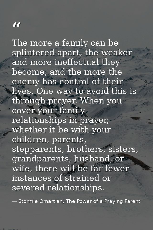 The more a family can be splintered apart, the weaker and more ineffectual they become, and the more the enemy has contr — Stormie Omartian, The Power of a Praying Parent