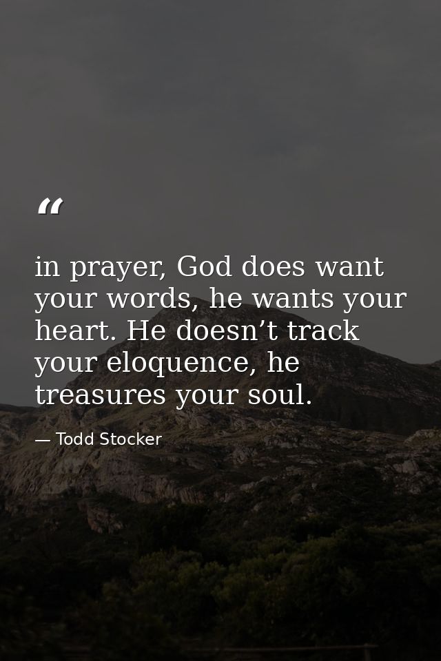 in prayer, God does want your words, he wants your heart. He doesn’t track your eloquence, he treasures your soul. — Todd Stocker