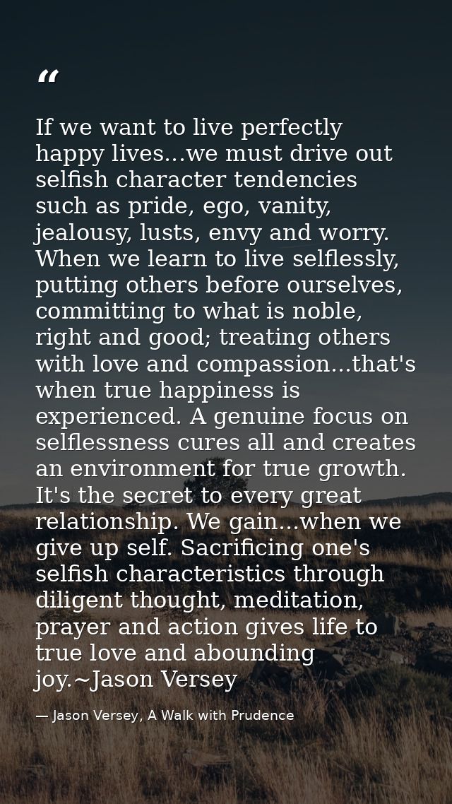 If we want to live perfectly happy lives...we must drive out selfish character tendencies such as pride, ego, vanity, je — Jason Versey, A Walk with Prudence