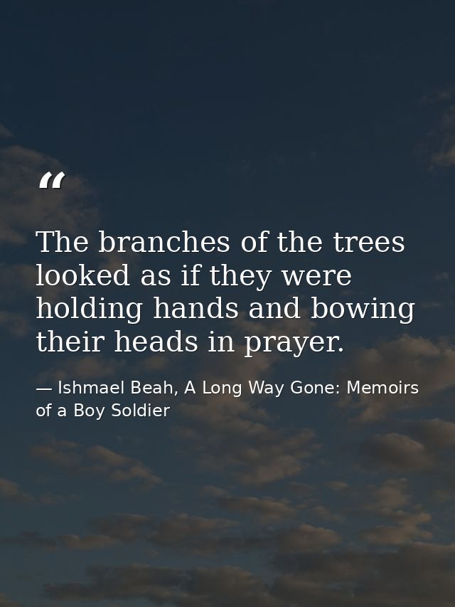 The branches of the trees looked as if they were holding hands and bowing their heads in prayer. — Ishmael Beah, A Long Way Gone: Memoirs of a Boy Soldier