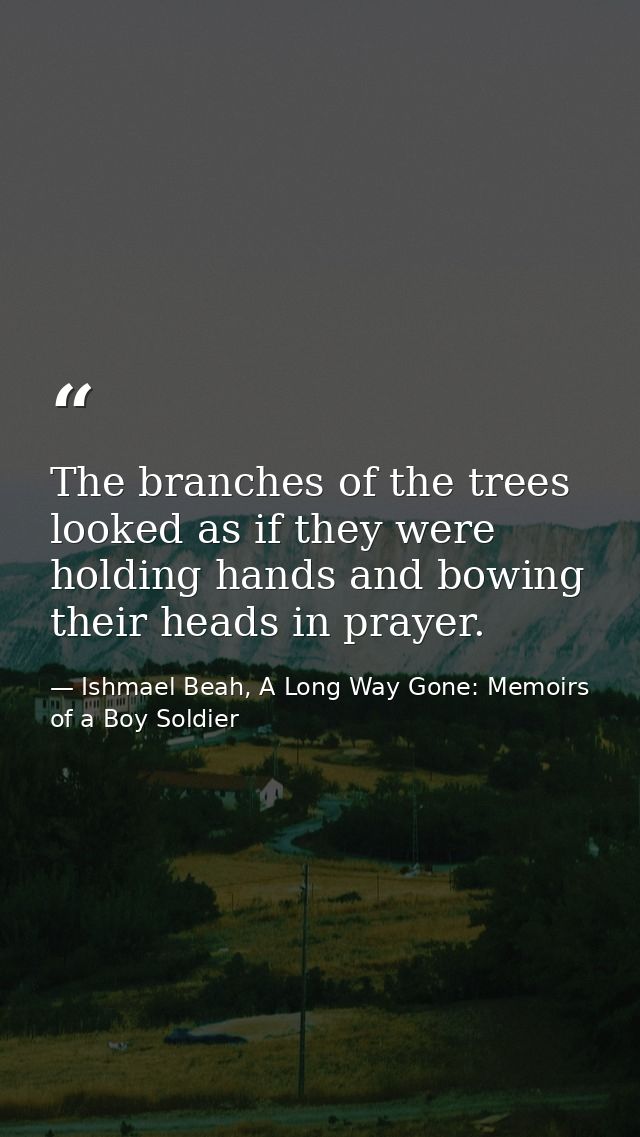 The branches of the trees looked as if they were holding hands and bowing their heads in prayer. — Ishmael Beah, A Long Way Gone: Memoirs of a Boy Soldier