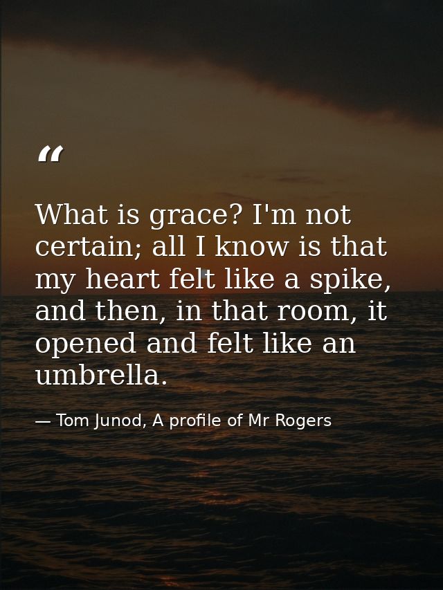 What is grace? I'm not certain; all I know is that my heart felt like a spike, and then, in that room, it opened and fel — Tom Junod, A profile of Mr Rogers