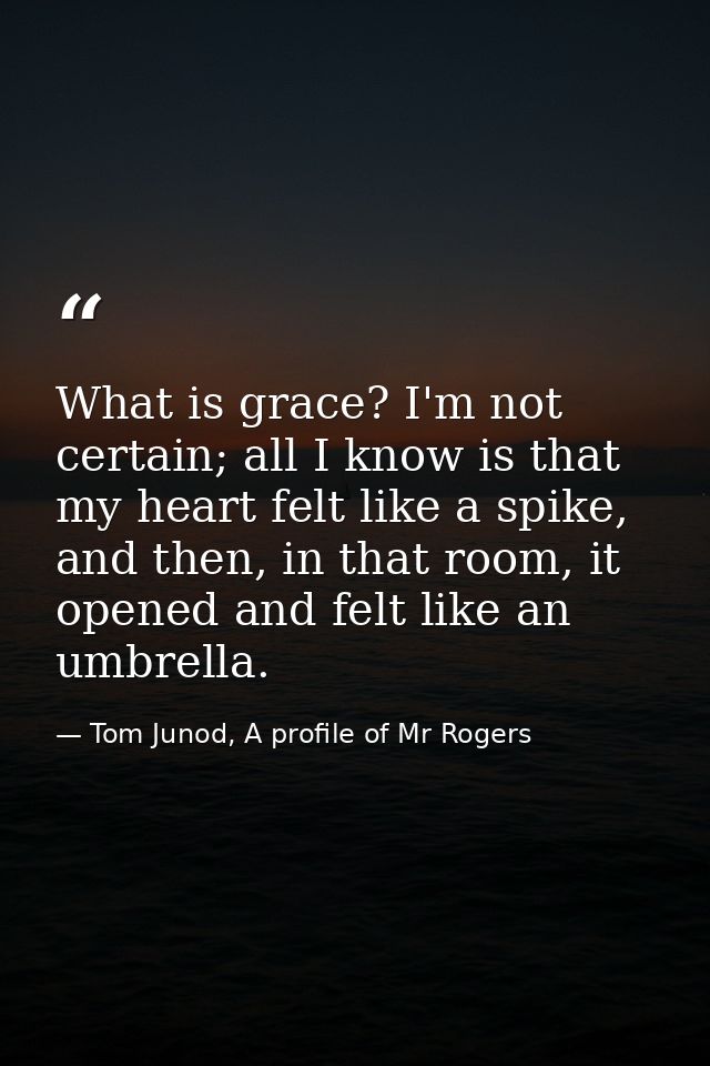 What is grace? I'm not certain; all I know is that my heart felt like a spike, and then, in that room, it opened and fel — Tom Junod, A profile of Mr Rogers