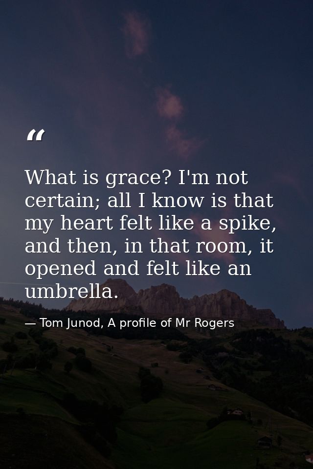What is grace? I'm not certain; all I know is that my heart felt like a spike, and then, in that room, it opened and fel — Tom Junod, A profile of Mr Rogers