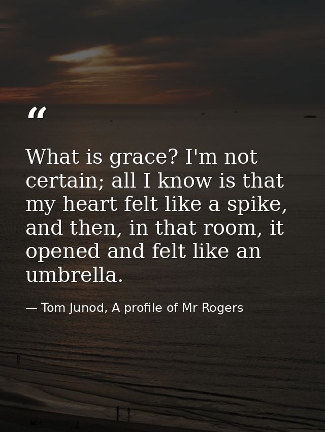 What is grace? I'm not certain; all I know is that my heart felt like a spike, and then, in that room, it opened and fel — Tom Junod, A profile of Mr Rogers