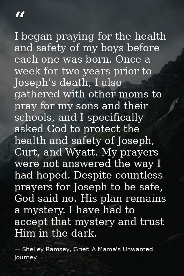 I began praying for the health and safety of my boys before each one was born. Once a week for two years prior to Joseph — Shelley Ramsey, Grief: A Mama's Unwanted Journey