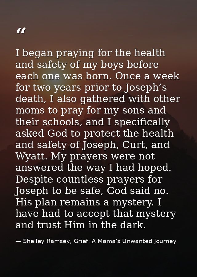 I began praying for the health and safety of my boys before each one was born. Once a week for two years prior to Joseph — Shelley Ramsey, Grief: A Mama's Unwanted Journey
