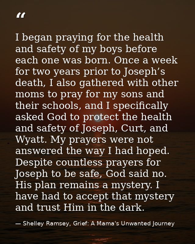 I began praying for the health and safety of my boys before each one was born. Once a week for two years prior to Joseph — Shelley Ramsey, Grief: A Mama's Unwanted Journey