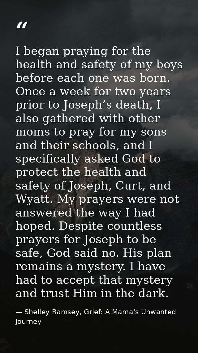 I began praying for the health and safety of my boys before each one was born. Once a week for two years prior to Joseph — Shelley Ramsey, Grief: A Mama's Unwanted Journey