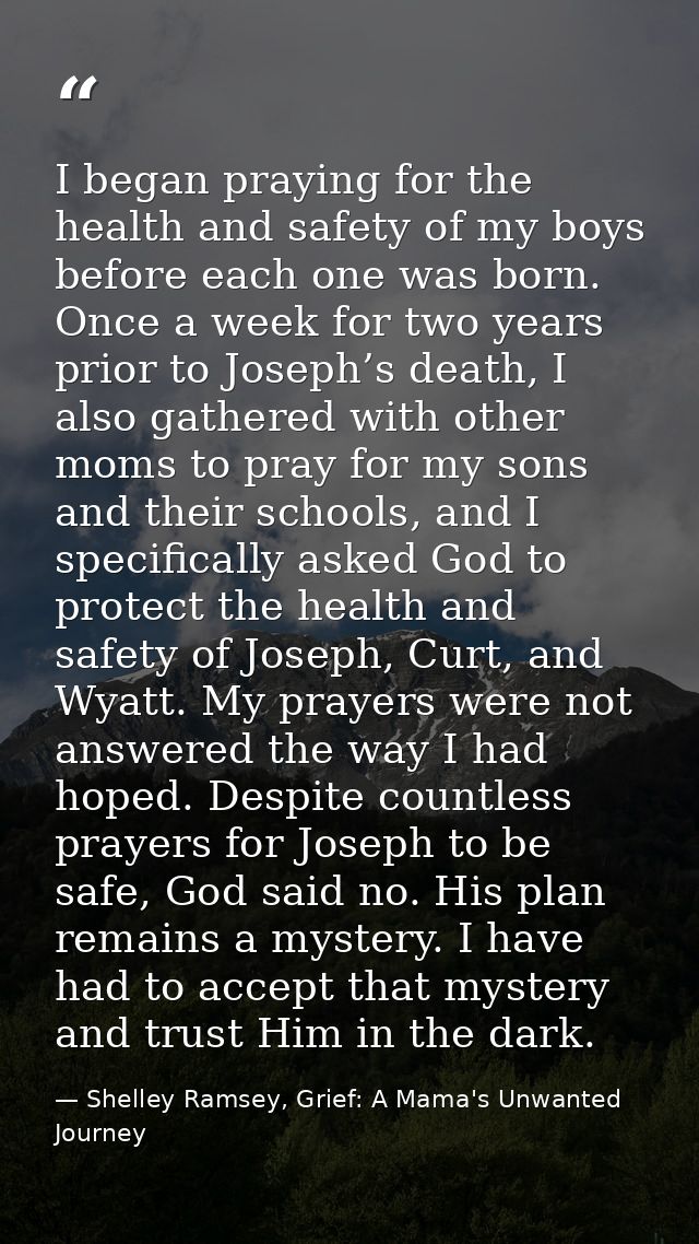 I began praying for the health and safety of my boys before each one was born. Once a week for two years prior to Joseph — Shelley Ramsey, Grief: A Mama's Unwanted Journey