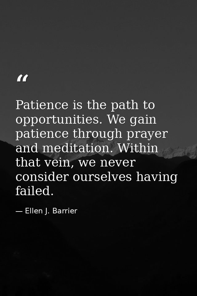 Patience is the path to opportunities. We gain patience through prayer and meditation. Within that vein, we never consid — Ellen J. Barrier