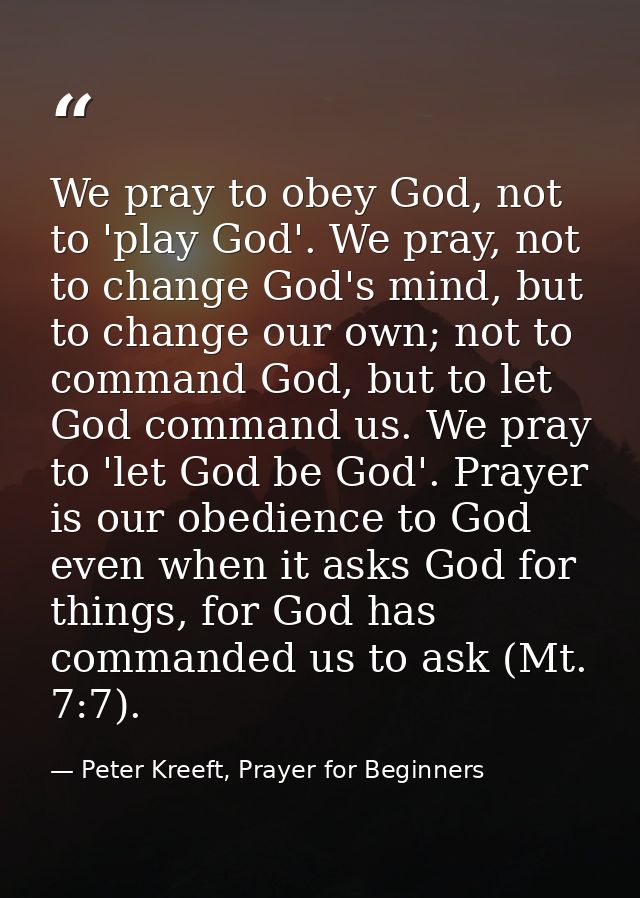 We pray to obey God, not to 'play God'. We pray, not to change God's mind, but to change our own; not to command God, bu — Peter Kreeft, Prayer for Beginners