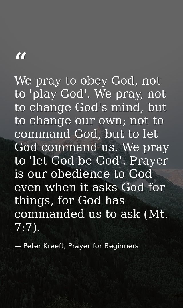 We pray to obey God, not to 'play God'. We pray, not to change God's mind, but to change our own; not to command God, bu — Peter Kreeft, Prayer for Beginners