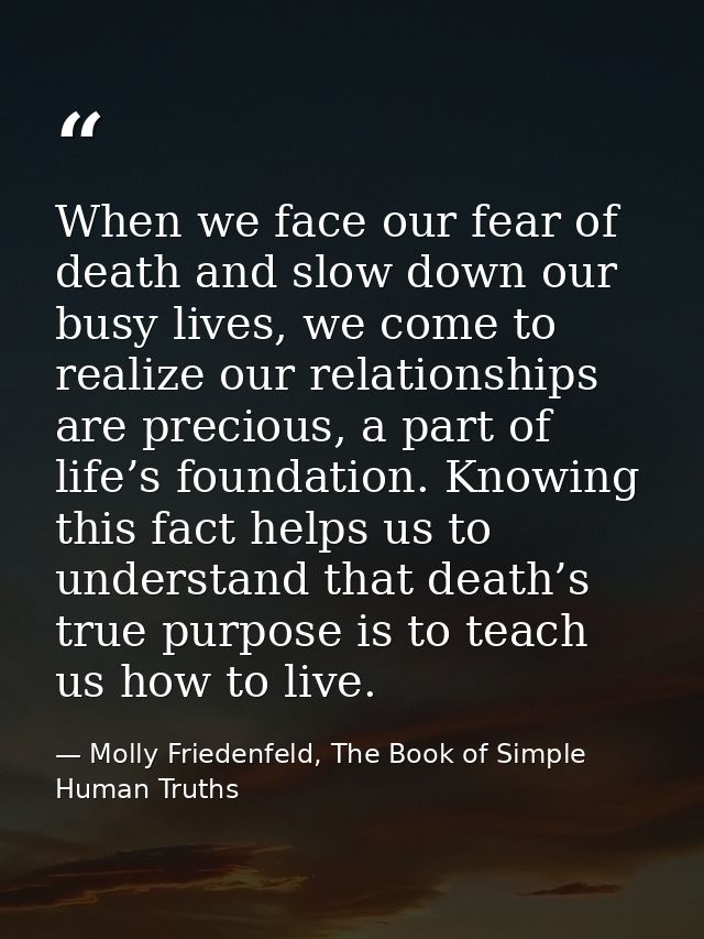 When we face our fear of death and slow down our busy lives, we come to realize our relationships are precious, a part o — Molly Friedenfeld, The Book of Simple Human Truths