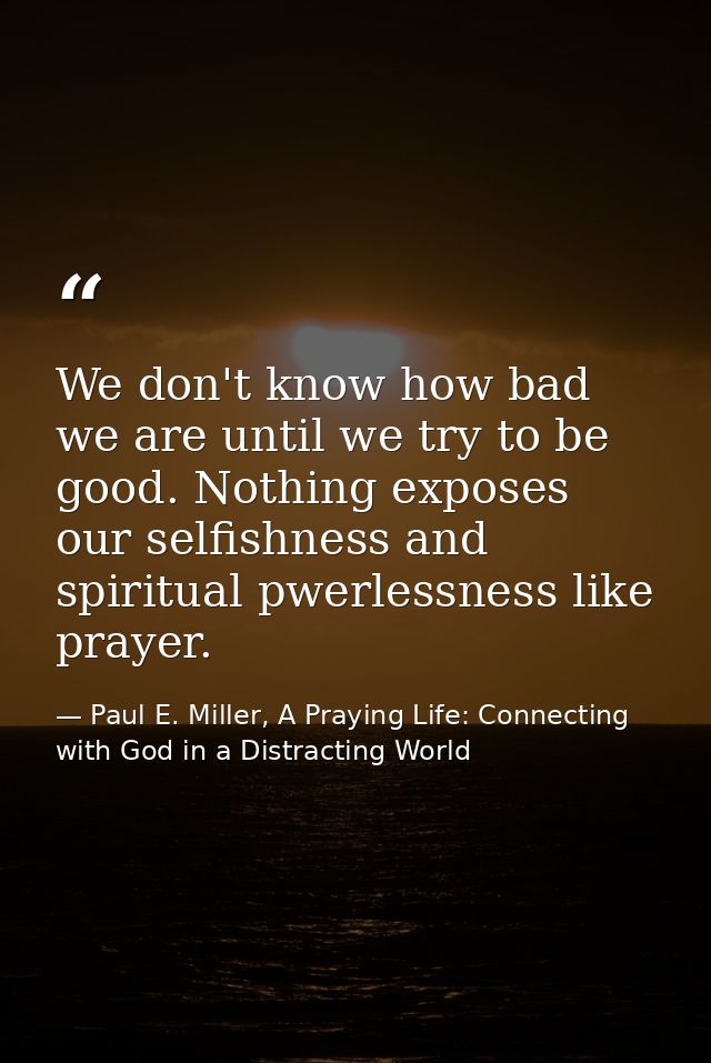 We don't know how bad we are until we try to be good. Nothing exposes our selfishness and spiritual pwerlessness like pr — Paul E. Miller, A Praying Life: Connecting with God in a Distracting World