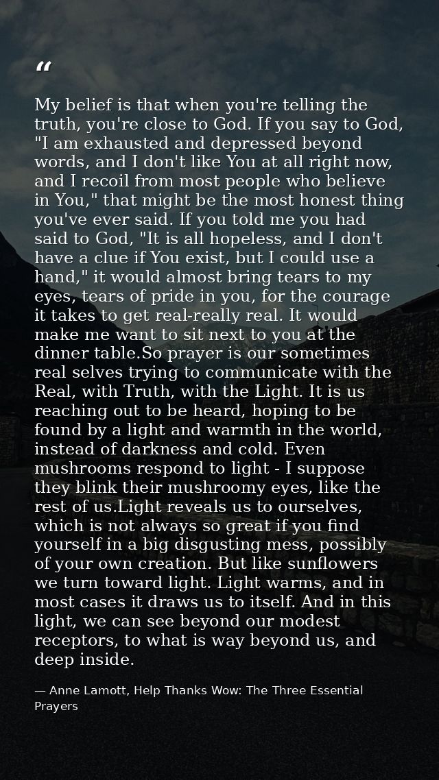 My belief is that when you're telling the truth, you're close to God. If you say to God, "I am exhausted and depressed b — Anne Lamott, Help Thanks Wow: The Three Essential Prayers