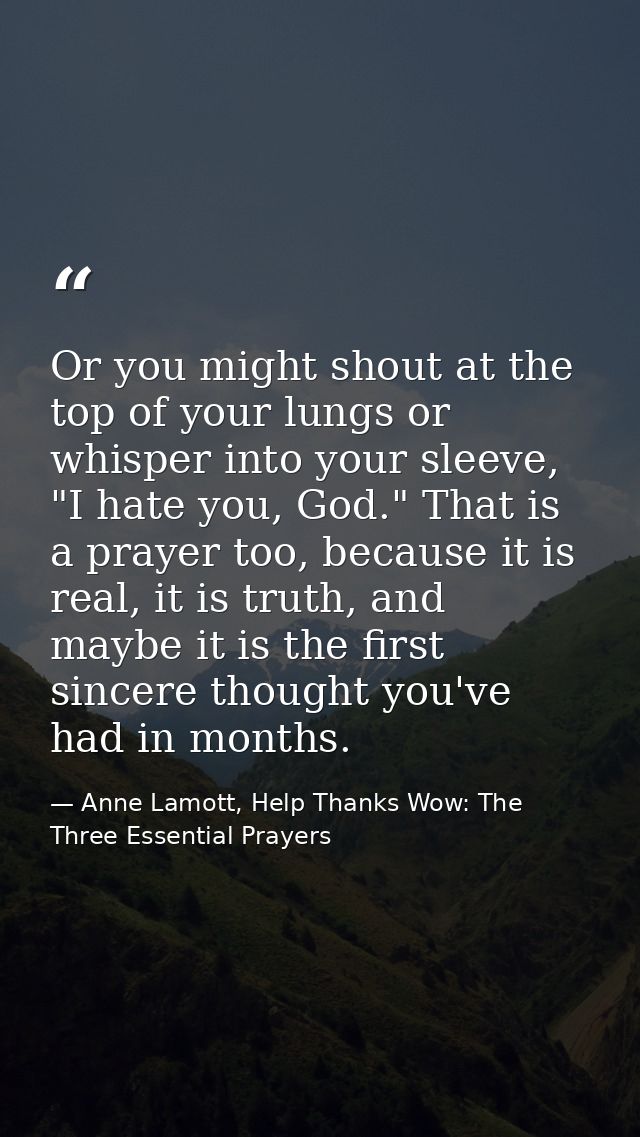 Or you might shout at the top of your lungs or whisper into your sleeve, "I hate you, God." That is a prayer too, becaus — Anne Lamott, Help Thanks Wow: The Three Essential Prayers