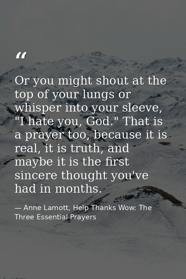 Or you might shout at the top of your lungs or whisper into your sleeve, "I hate you, God." That is a prayer too, becaus — Anne Lamott, Help Thanks Wow: The Three Essential Prayers