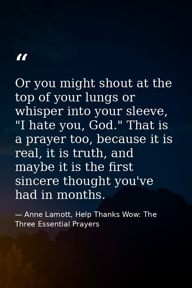 Or you might shout at the top of your lungs or whisper into your sleeve, "I hate you, God." That is a prayer too, becaus — Anne Lamott, Help Thanks Wow: The Three Essential Prayers