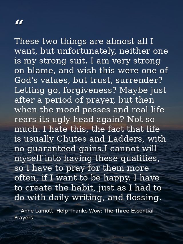These two things are almost all I want, but unfortunately, neither one is my strong suit. I am very strong on blame, and — Anne Lamott, Help Thanks Wow: The Three Essential Prayers