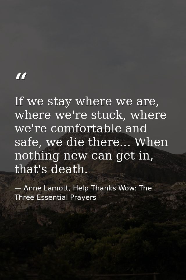 If we stay where we are, where we're stuck, where we're comfortable and safe, we die there... When nothing new can get i — Anne Lamott, Help Thanks Wow: The Three Essential Prayers