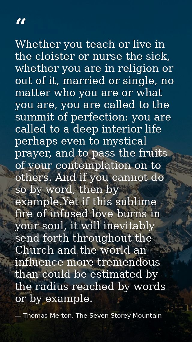 Whether you teach or live in the cloister or nurse the sick, whether you are in religion or out of it, married or single — Thomas Merton, The Seven Storey Mountain