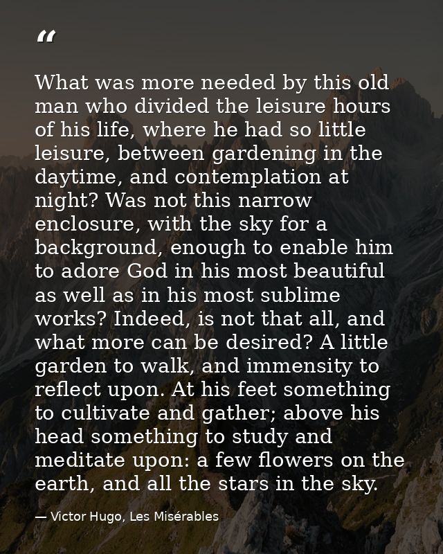 What was more needed by this old man who divided the leisure hours of his life, where he had so little leisure, between  — Victor Hugo, Les Misérables
