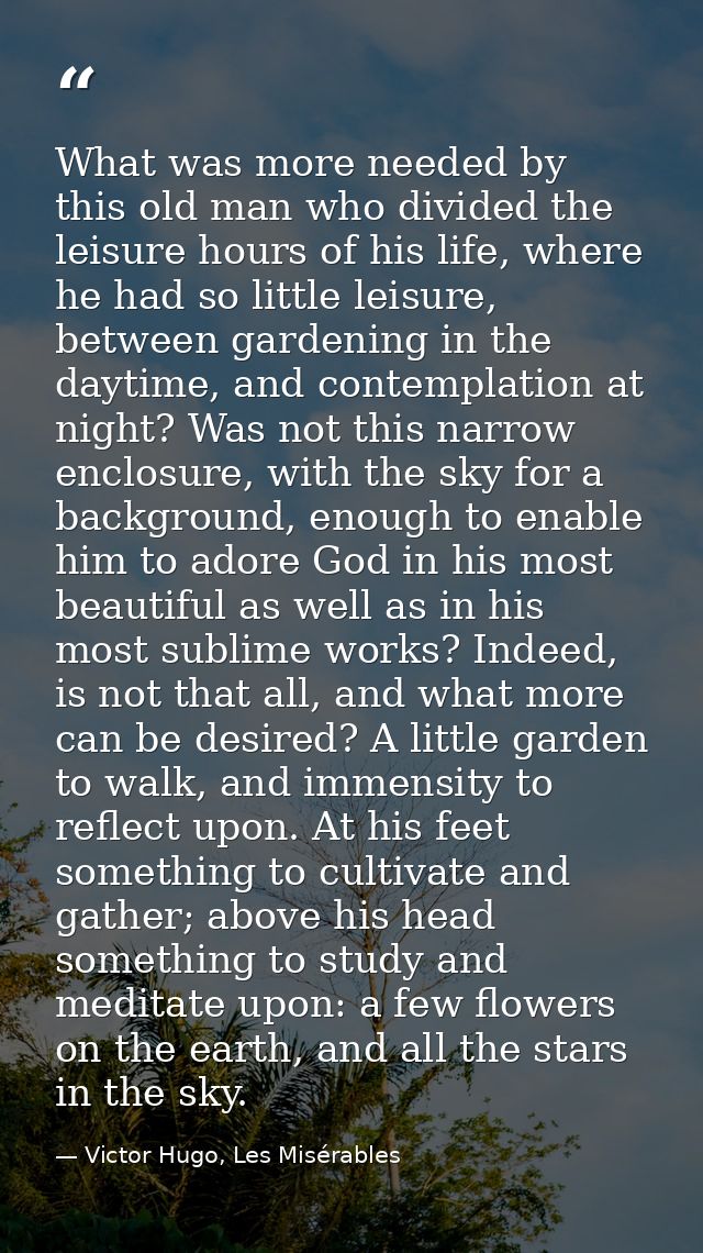 What was more needed by this old man who divided the leisure hours of his life, where he had so little leisure, between  — Victor Hugo, Les Misérables