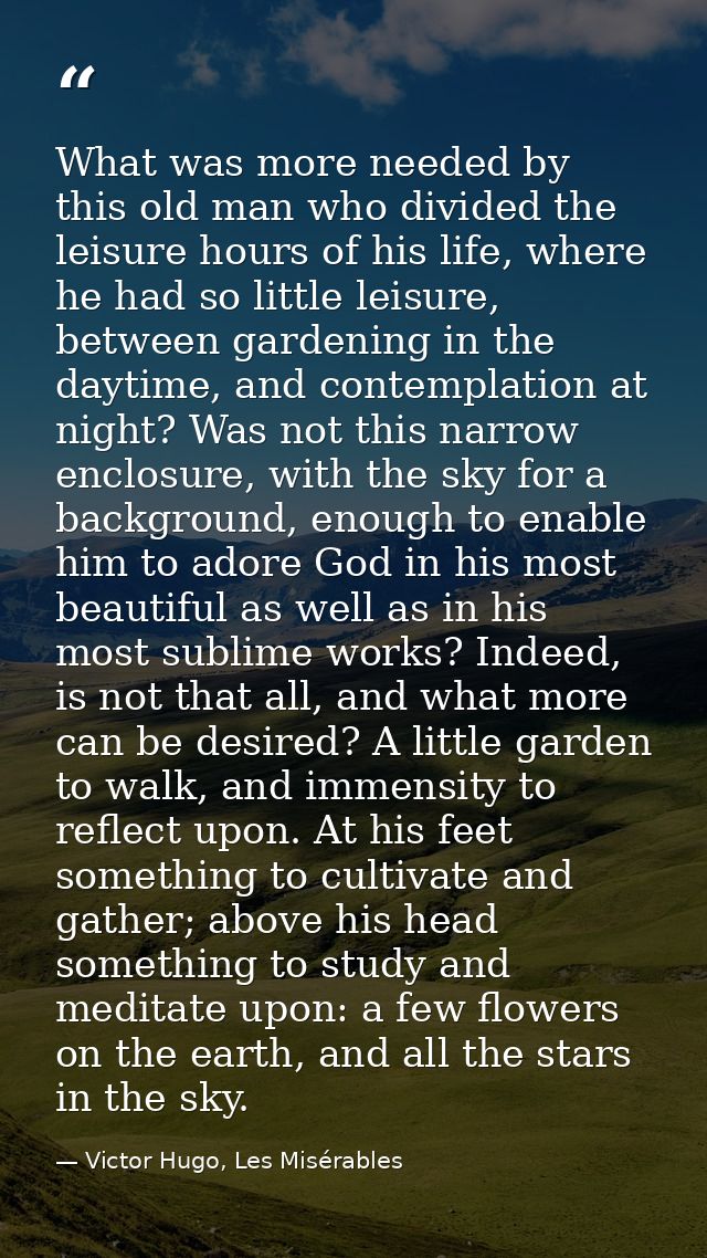 What was more needed by this old man who divided the leisure hours of his life, where he had so little leisure, between  — Victor Hugo, Les Misérables