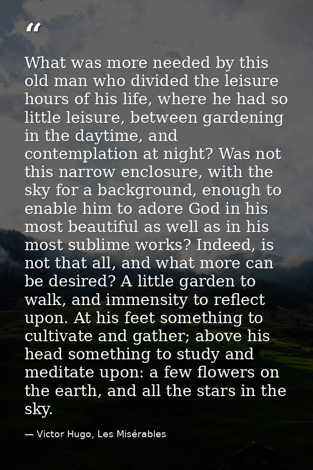 What was more needed by this old man who divided the leisure hours of his life, where he had so little leisure, between  — Victor Hugo, Les Misérables