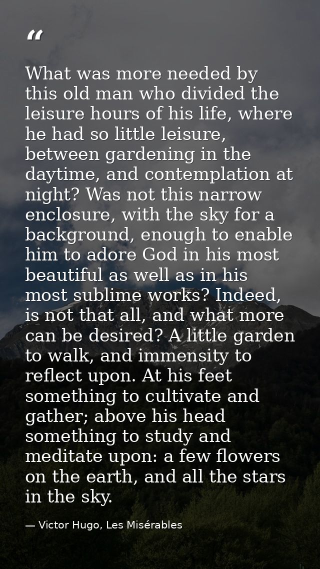 What was more needed by this old man who divided the leisure hours of his life, where he had so little leisure, between  — Victor Hugo, Les Misérables